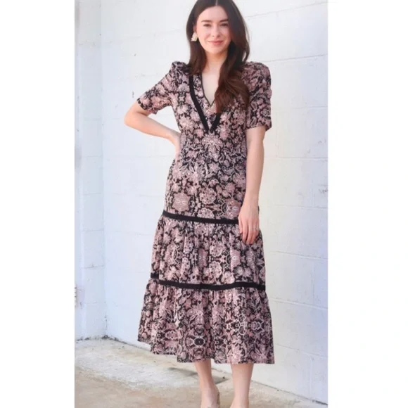 BB Dakota Blush and Black Floral Tiered Midi Dress - Picture 1 of 10